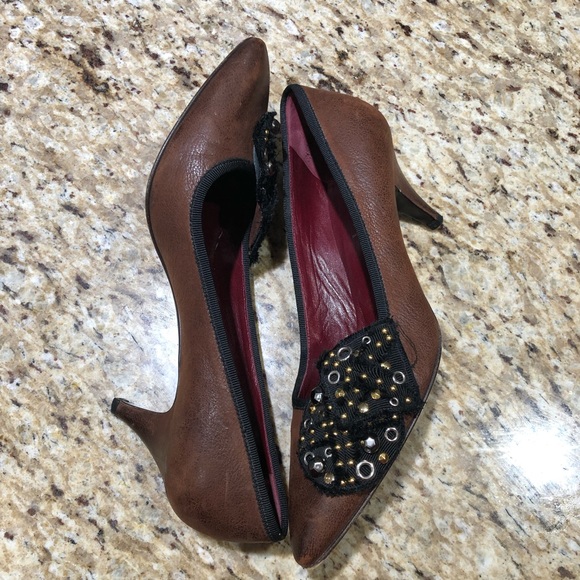 Prada Brown Black Pointed Toe Sequin Stud Rhinestone Embellished Pumps 38 - Picture 8 of 11